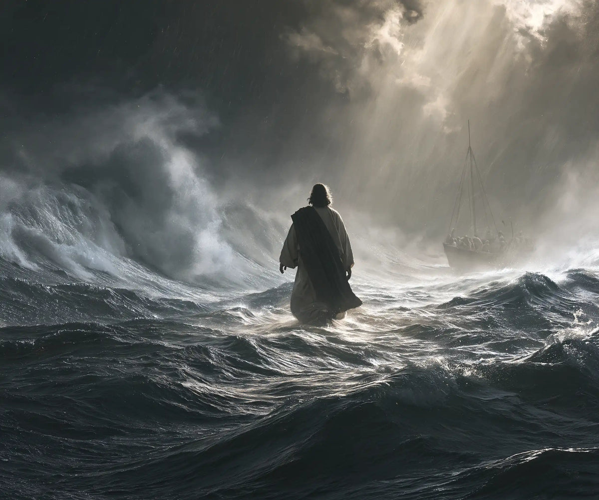Jesus walking on water in Explosion of Movement style, landscape Christian artwork no. 1