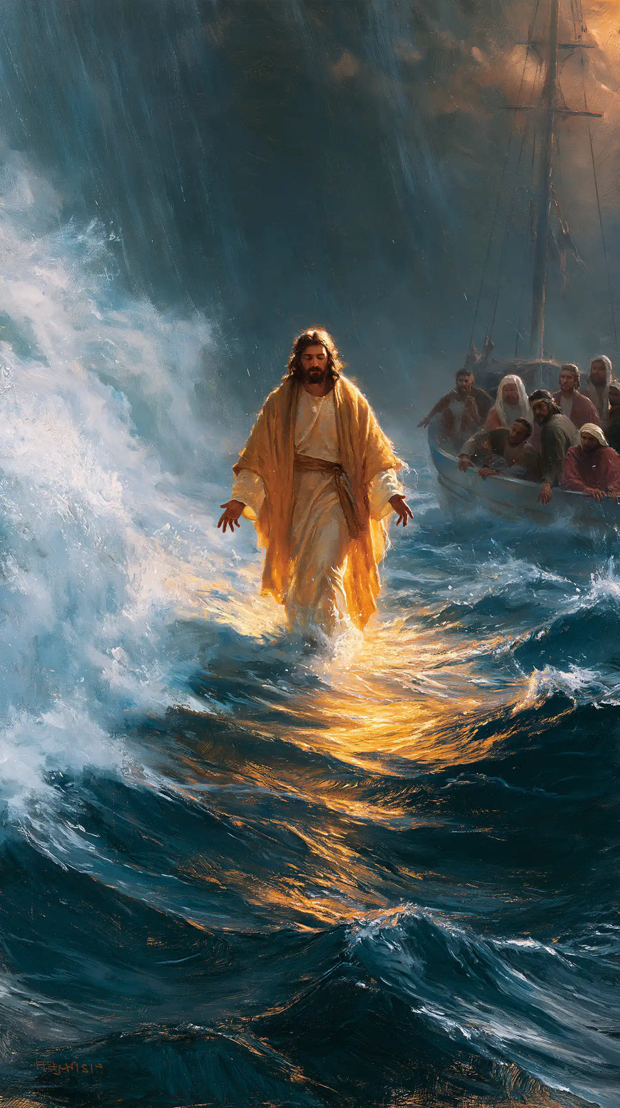Jesus Walking on Water — The Golden Reflection upon the Sapphire Sea