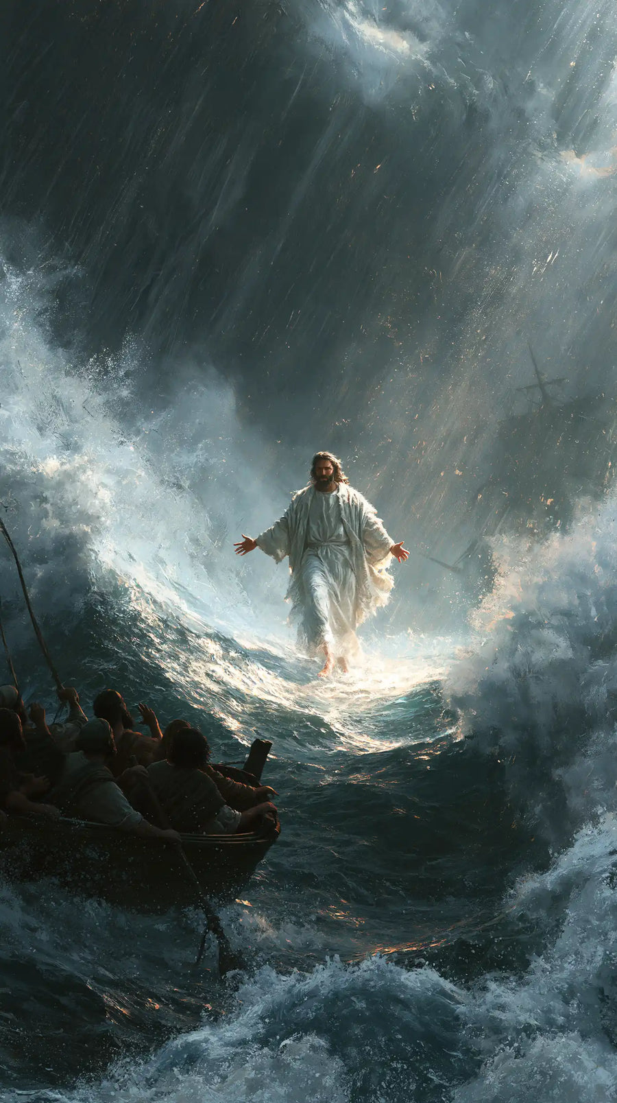 Jesus Walking on Water — White Suspended between Two Waves