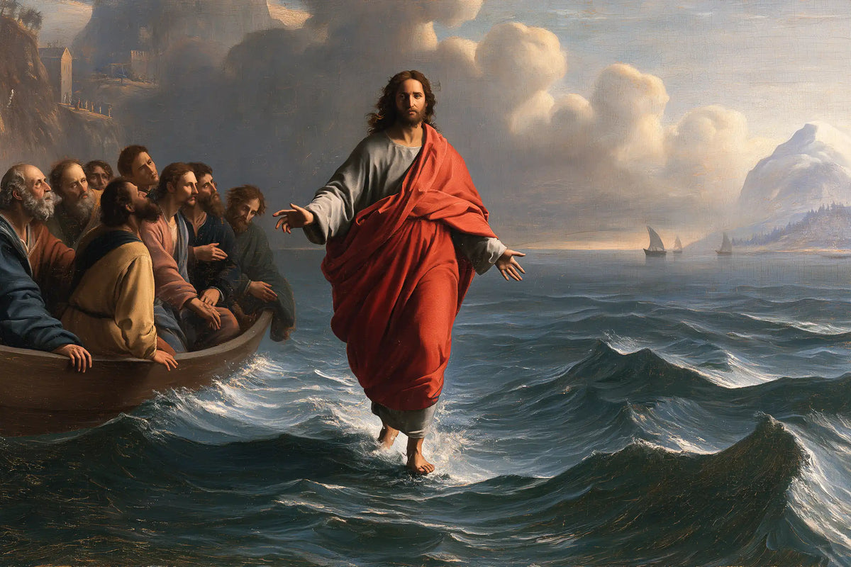 Jesus walking on water in Florentine Renaissance style, landscape Christian artwork no. 17