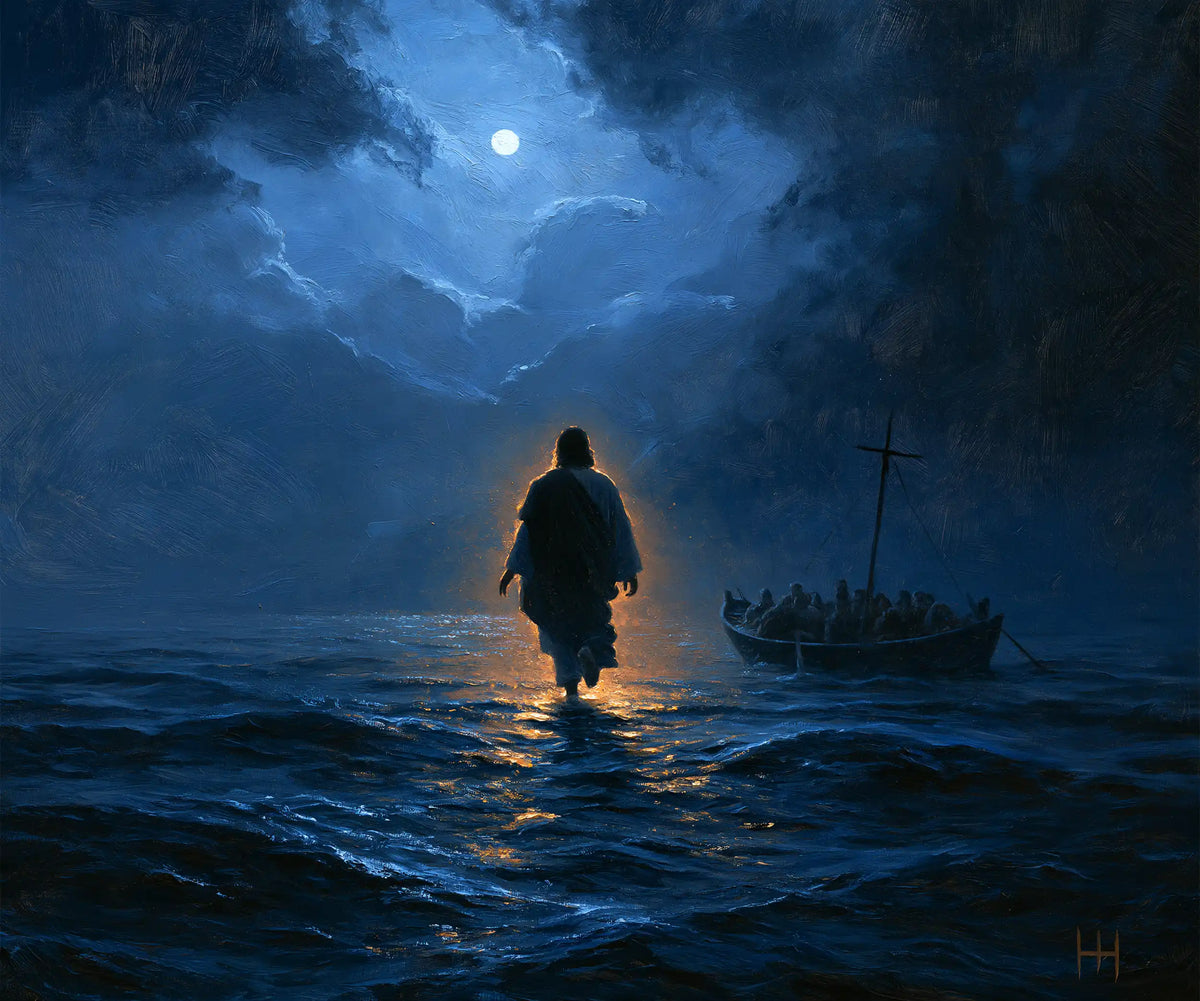 Jesus walking on water in Midnight Blue Chiaroscuro style, landscape Christian artwork no. 6