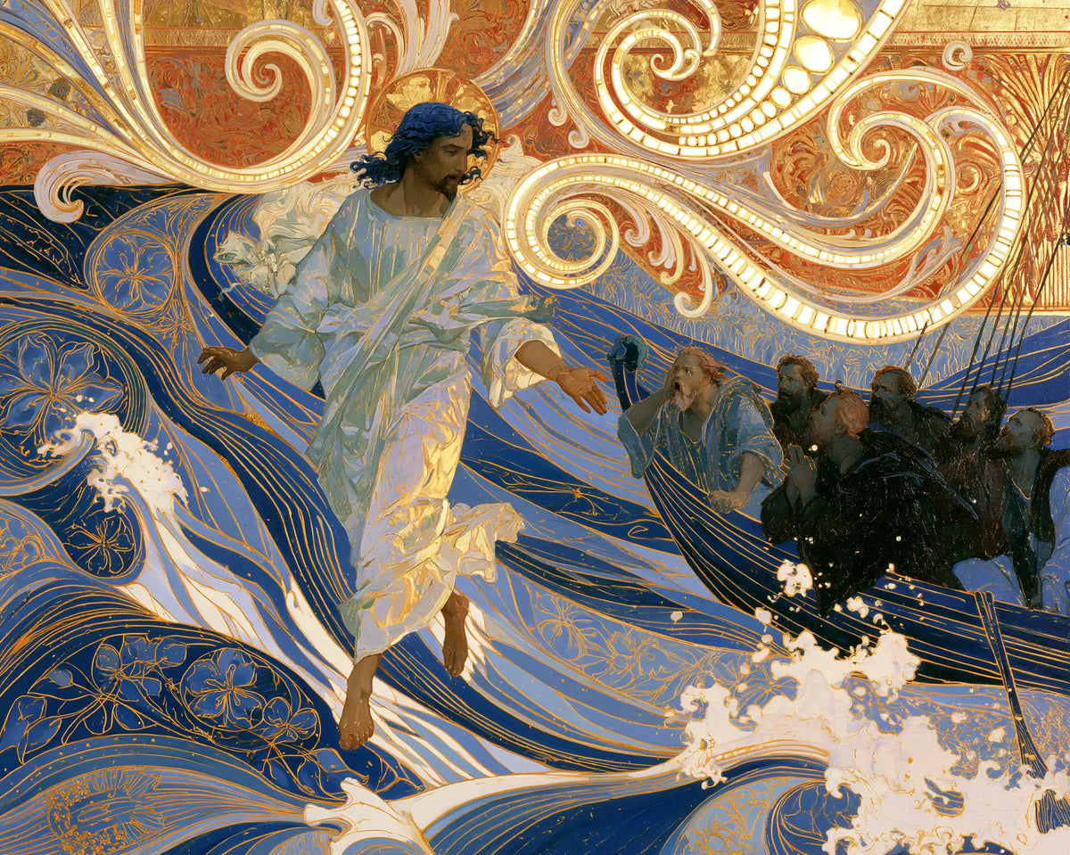 Jesus Walking on Water — Pale Blue above Embroidered Waves