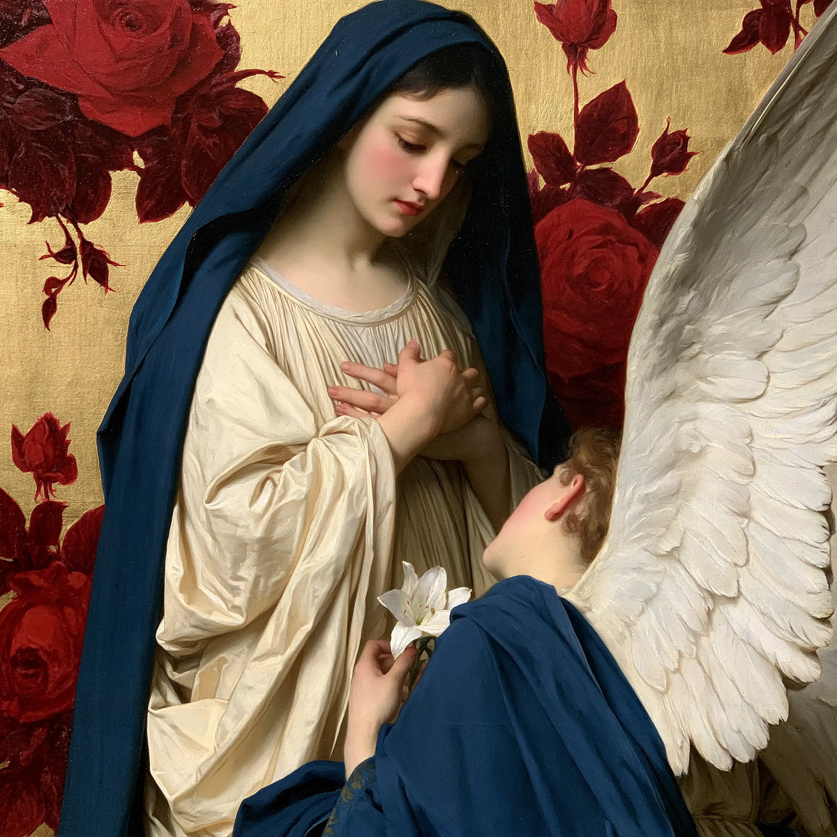 Mary and Gabriel beneath Crimson Blossoms – Bouguereau-Inspired Academic Art · Square