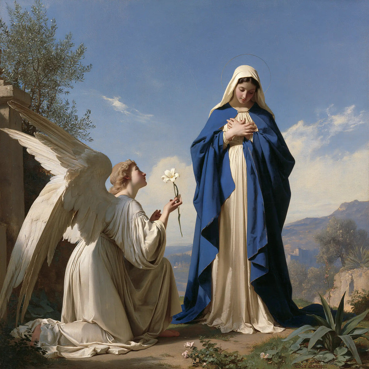 Mary and Gabriel on the Mountain Terrace – Bouguereau-Inspired Academic Art · Square