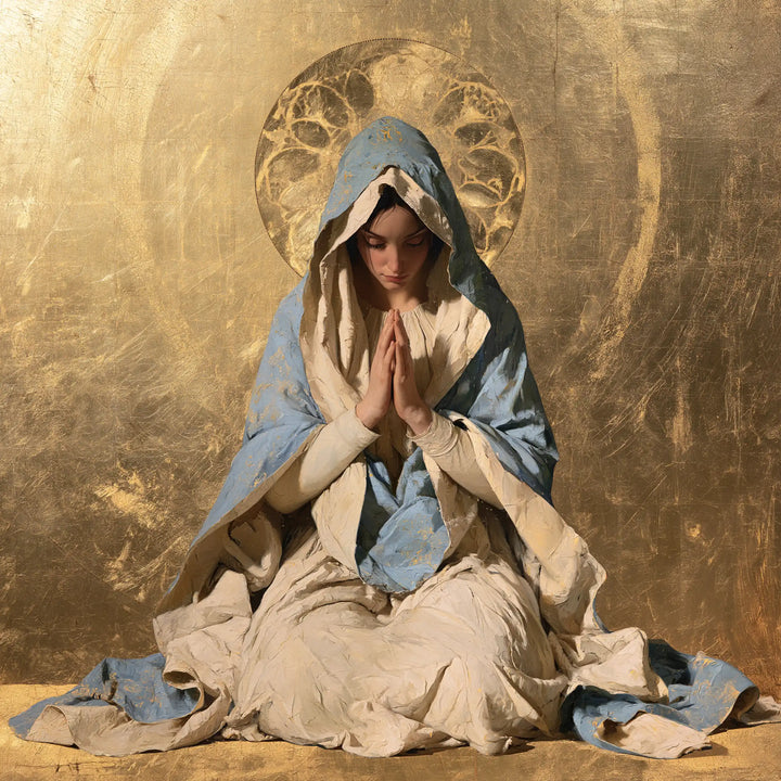 Virgin Mary in Prayer — The Halo of Interwoven Light