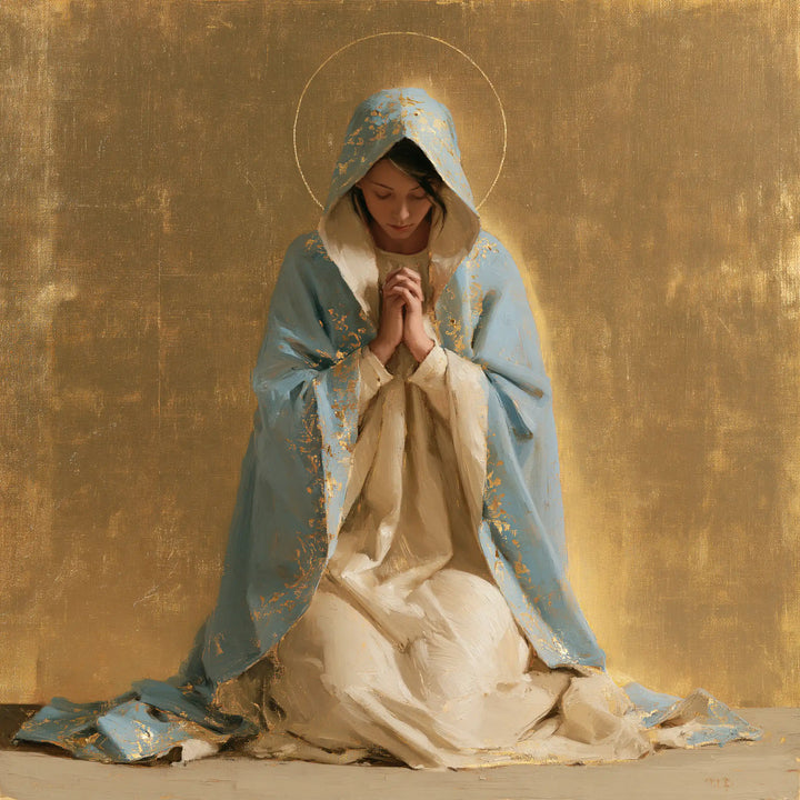 Virgin Mary in Prayer — The Glow around the Pale Cloak