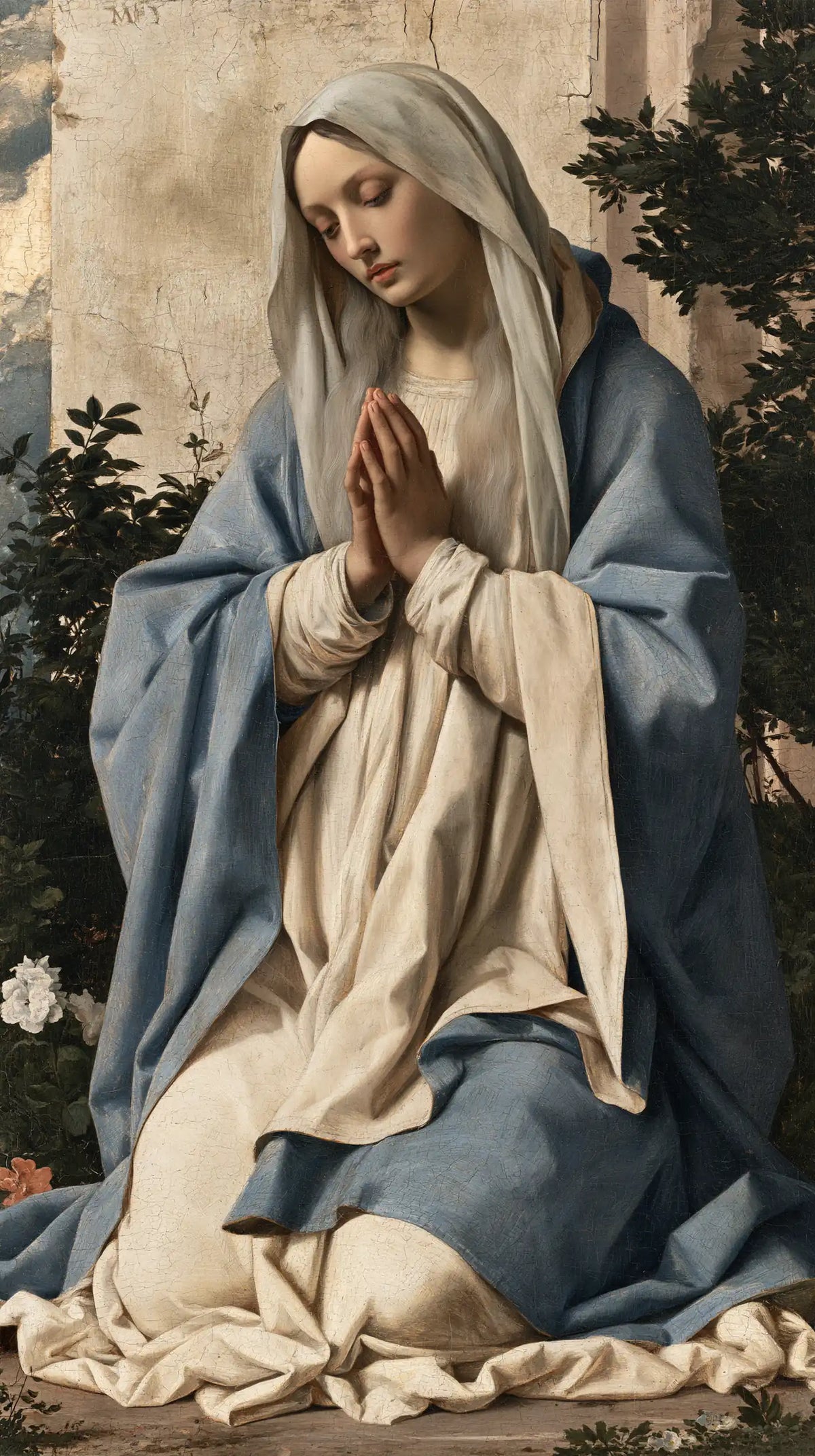 Virgin Mary in Prayer — Prayer by the Flowers at the Wall