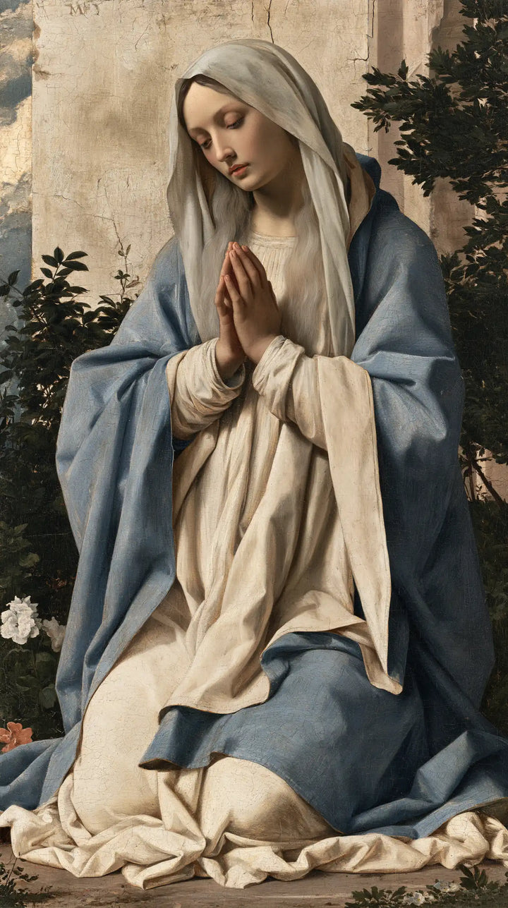Virgin Mary in Prayer — Prayer by the Flowers at the Wall
