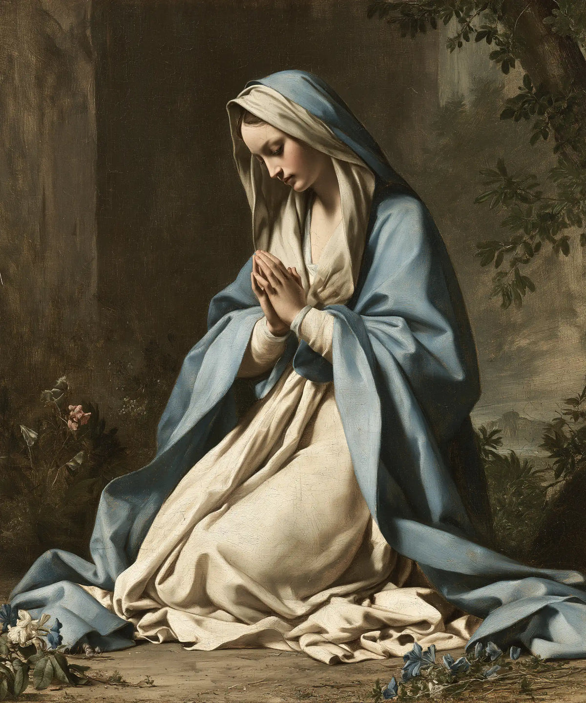 Virgin Mary in Prayer — Contemplation among Blue Flowers