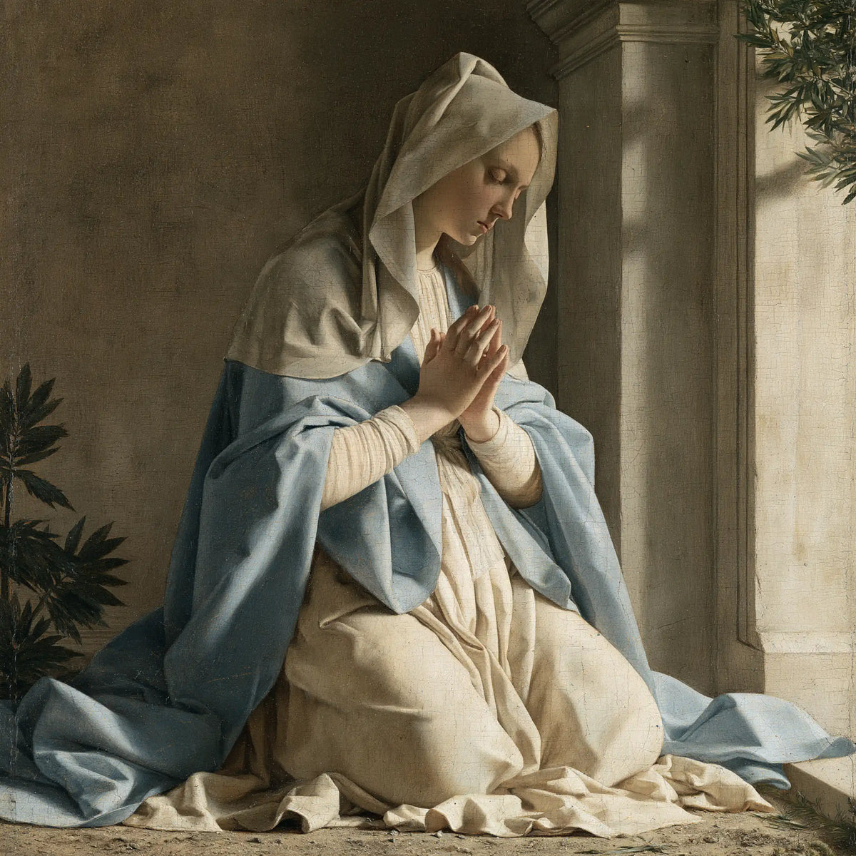 Virgin Mary in Prayer — Silence before the Luminous Column