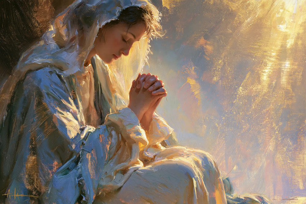 the Virgin Mary in prayer in Impressionist style, landscape Christian artwork no. 7