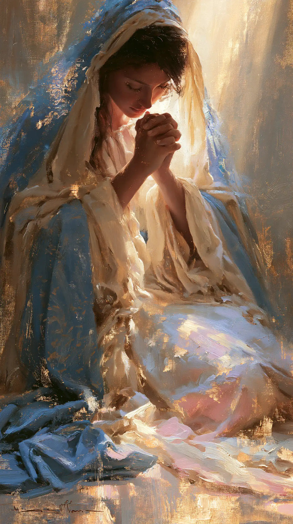the Virgin Mary in prayer in Impressionist style, portrait Christian artwork no. 1