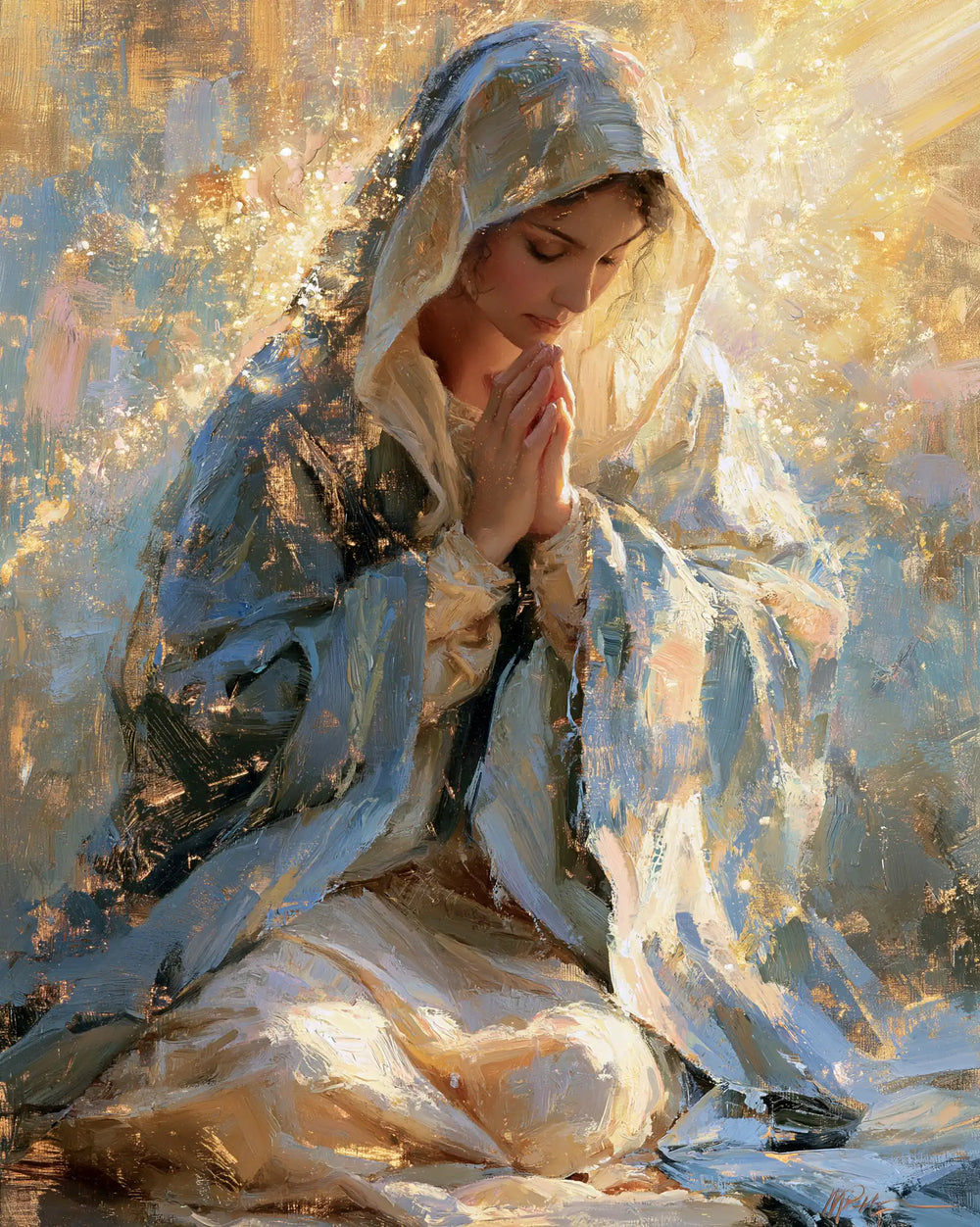 the Virgin Mary in prayer in Impressionist style, portrait Christian artwork no. 21