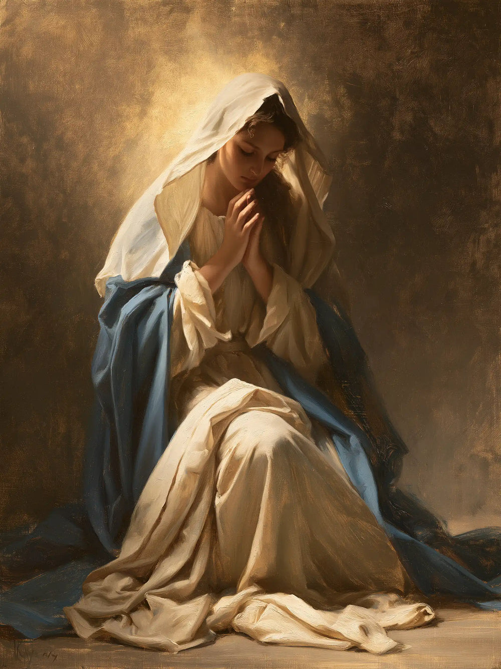 the Virgin Mary praying in a biblical-era interior in Mary in a Biblical Interior style, portrait Christian artwork no. 17