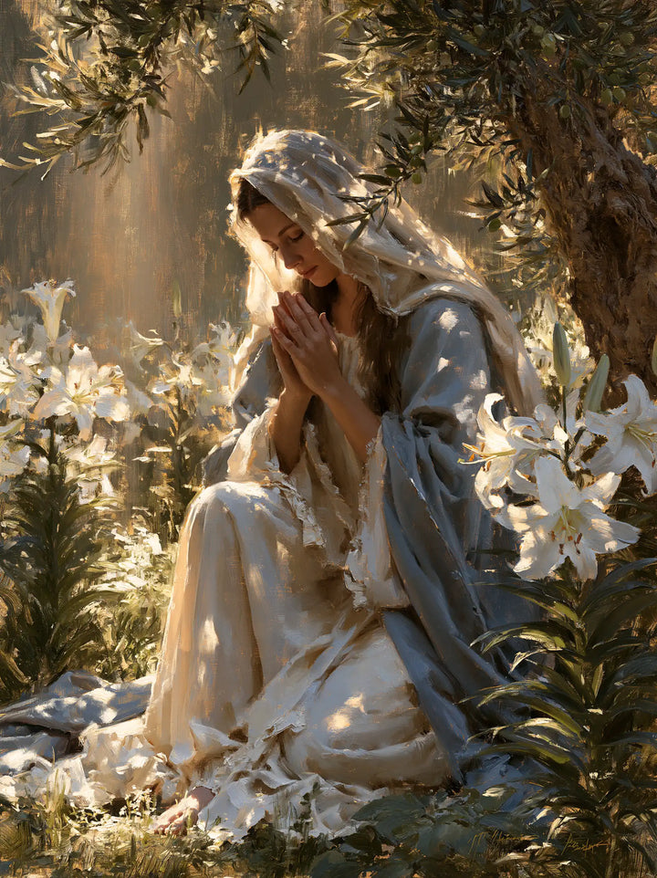 Virgin Mary in Prayer — Palms among Open Lilies