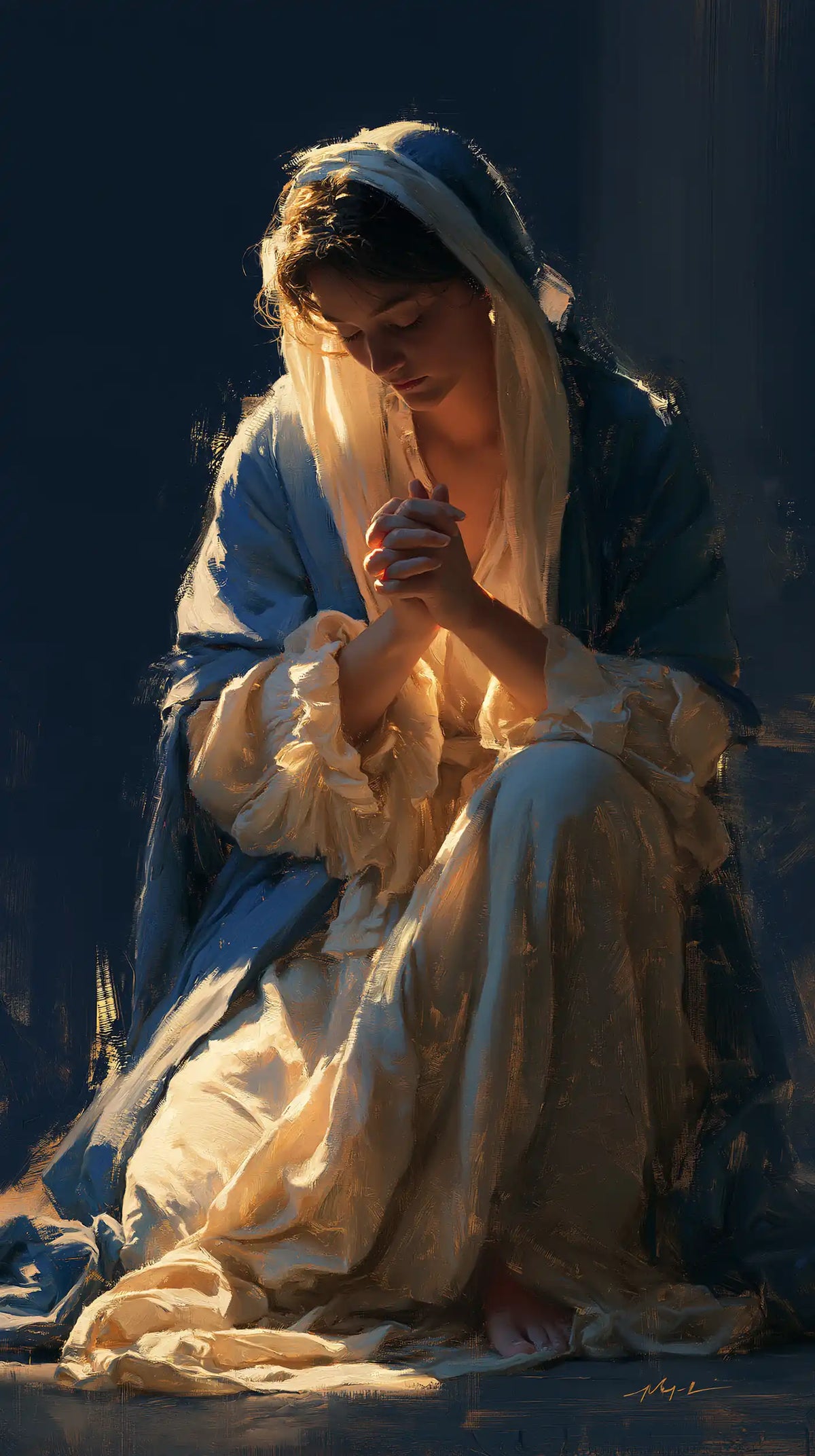 Virgin Mary in Prayer — Contemplation in Midnight Blue