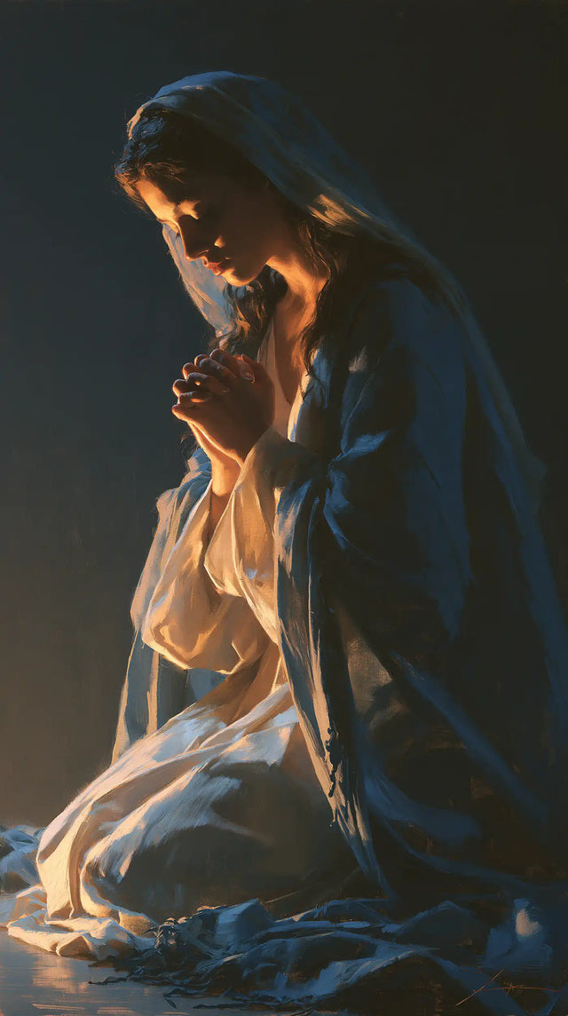 Virgin Mary in Prayer — Fingers in Blue Silence