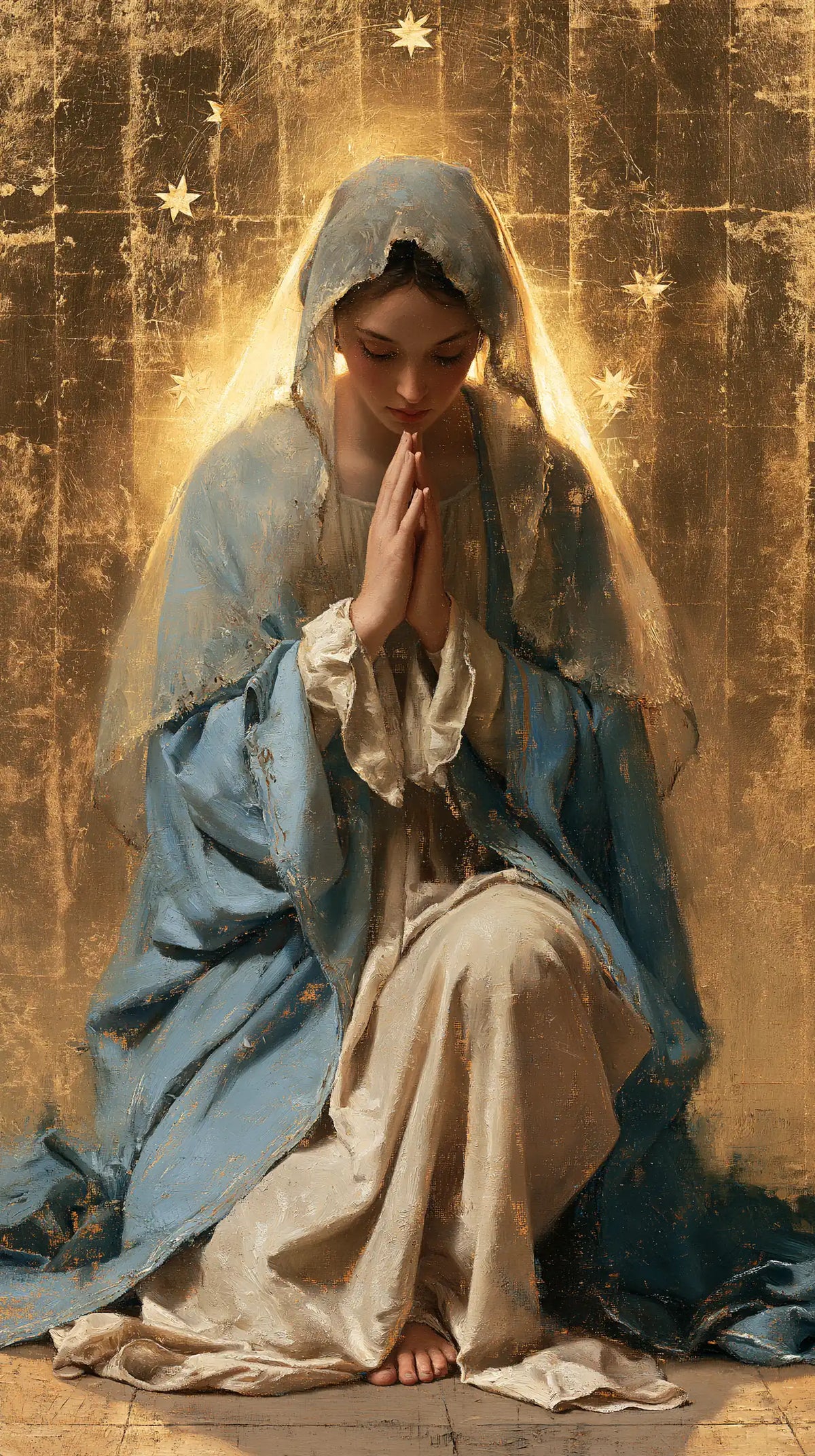 Virgin Mary in Prayer — Stars in Mosaic Gold