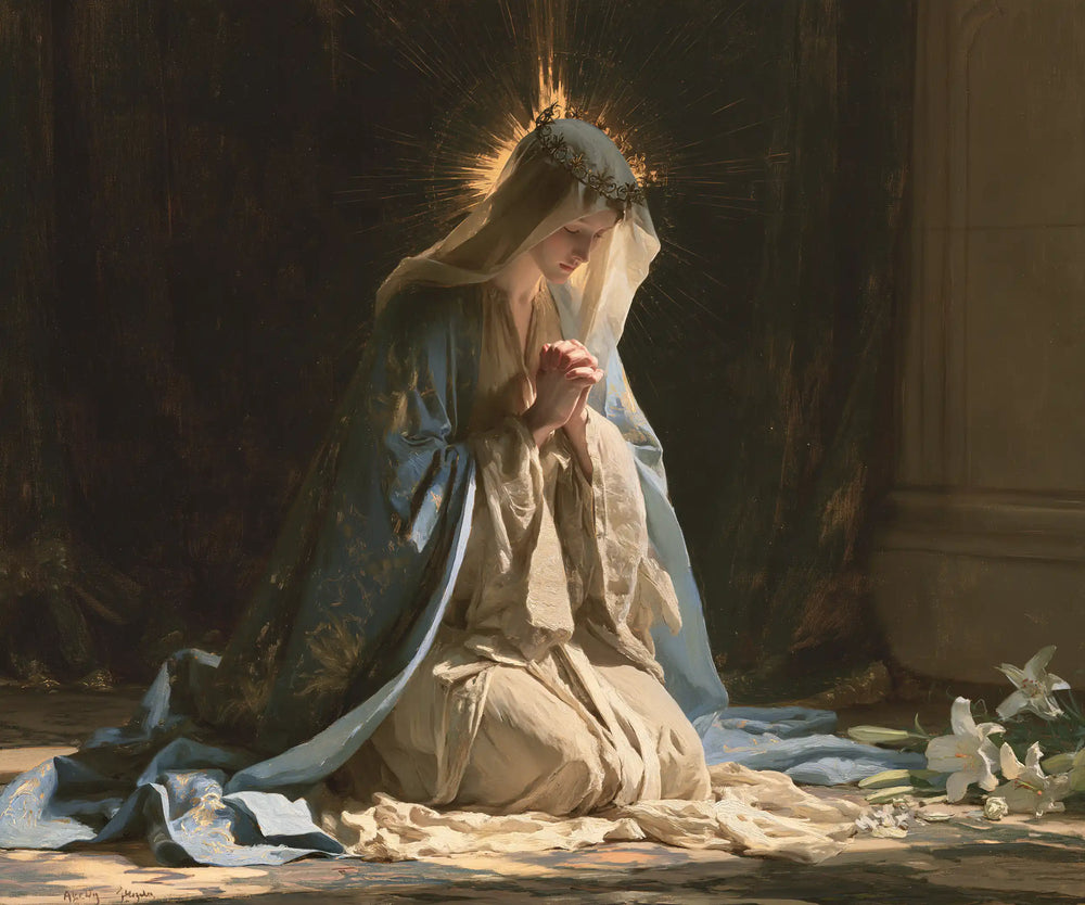 the Virgin Mary in prayer in Symbolist style, landscape Christian artwork no. 3