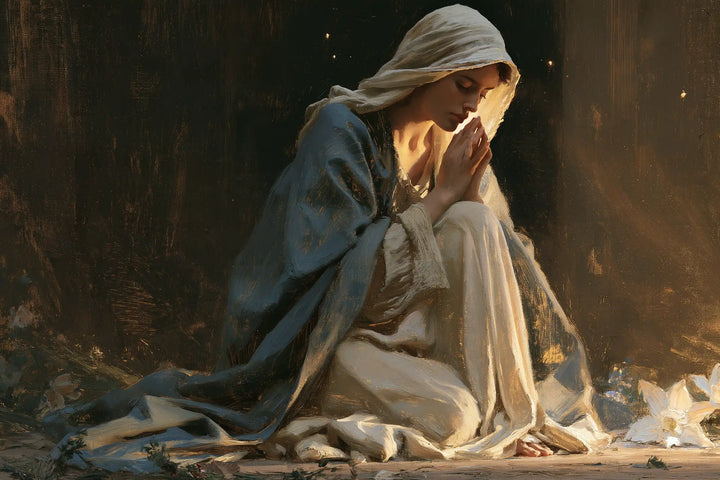 Virgin Mary in Prayer — The Linen Veil beside the Blossoms
