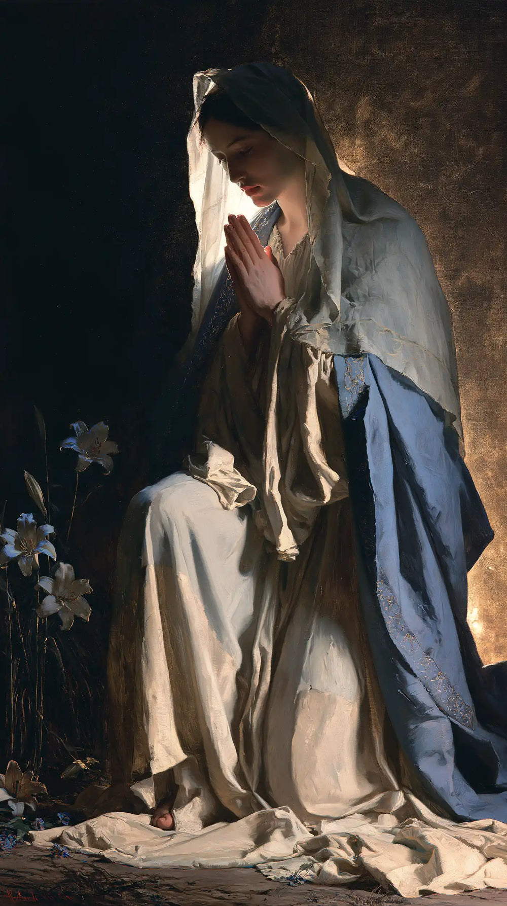 the Virgin Mary in prayer in Symbolist style, portrait Christian artwork no. 9