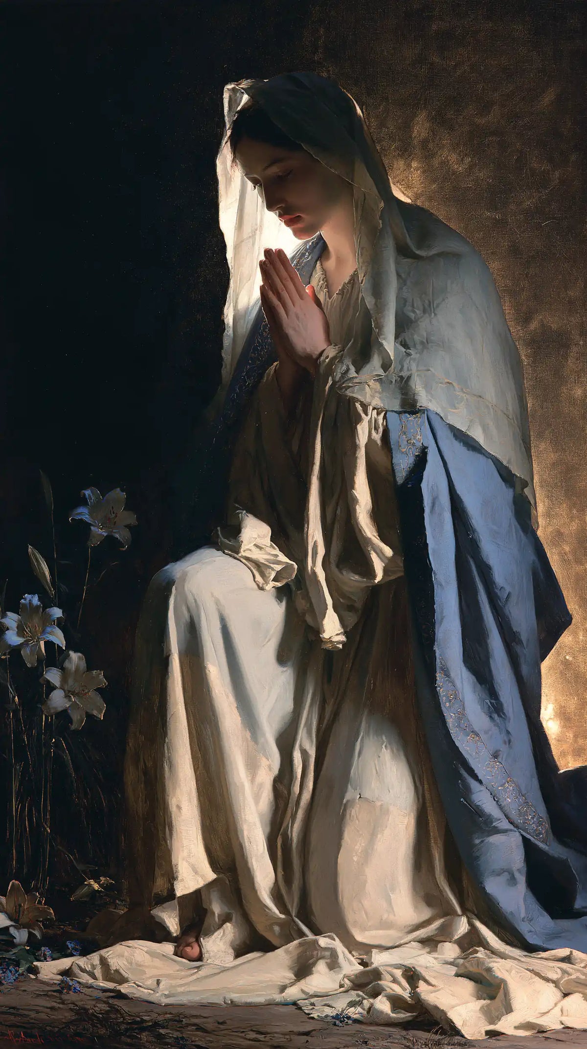 Virgin Mary in Prayer — The Peaceful Veil in the Night