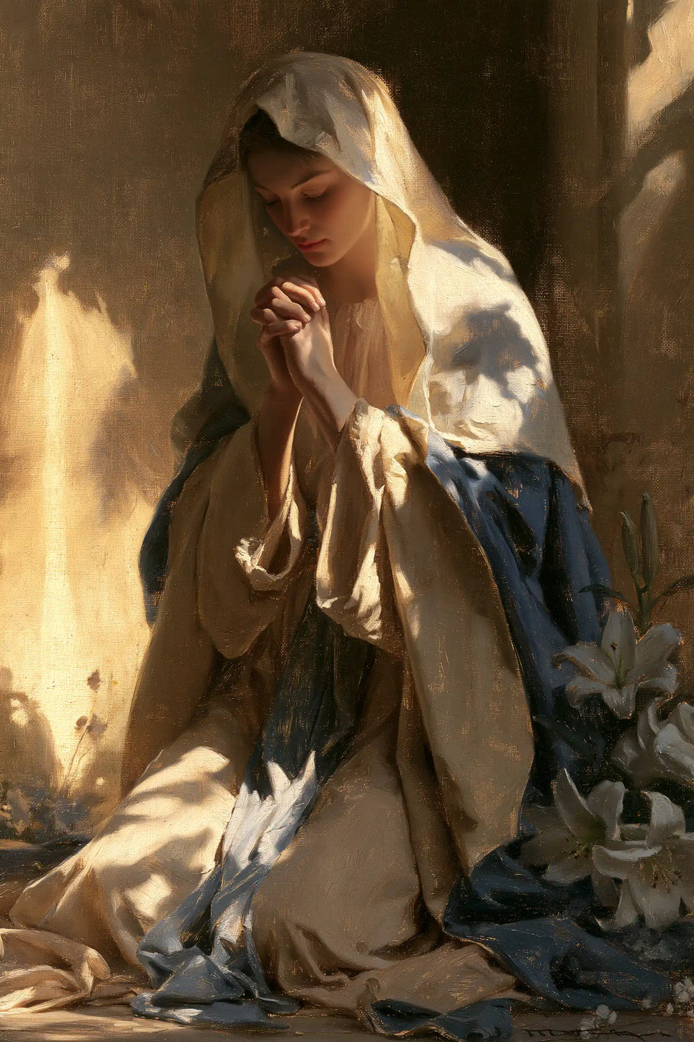 the Virgin Mary in prayer in Symbolist style, portrait Christian artwork no. 20
