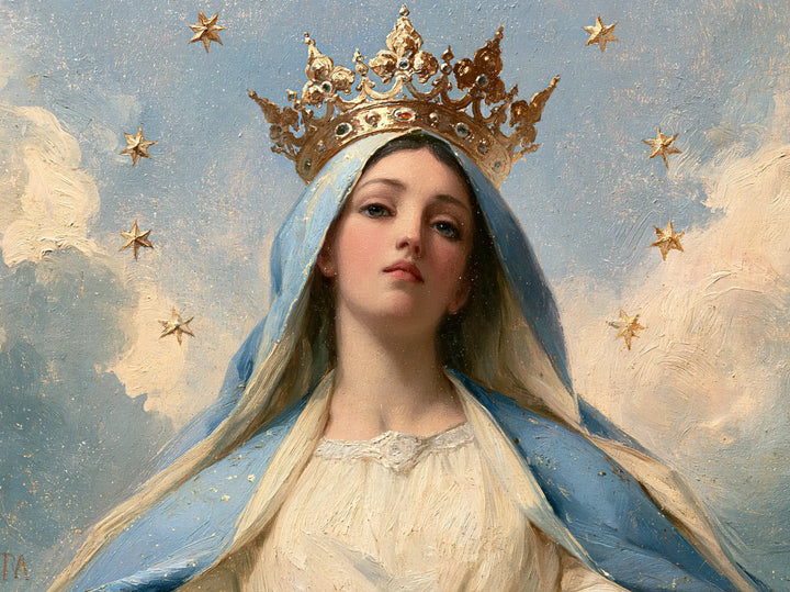 Mary, Queen of Heaven — The Openwork Crown in the Soft Blue Sky