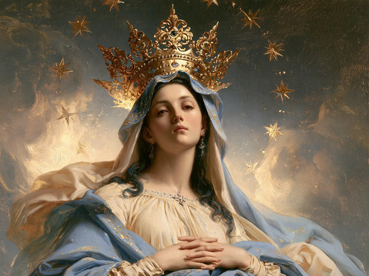 Mary, Queen of Heaven — Crossed Hands Beneath the Goldsmith’s Crown