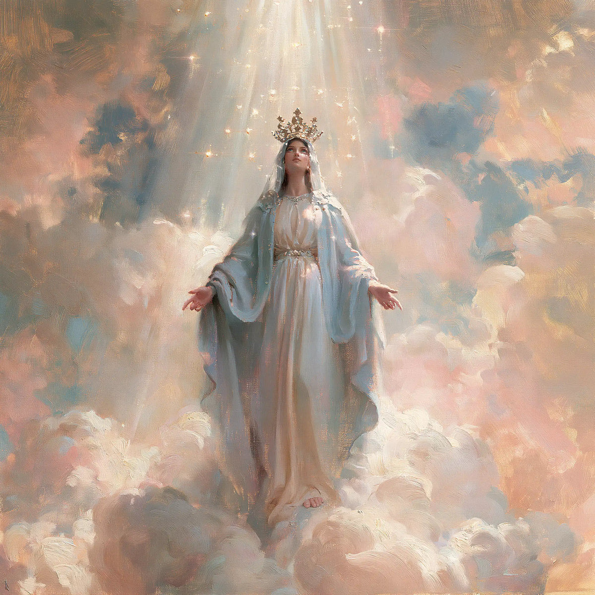 Mary as Queen of Heaven in an impressionist atmosphere in Impressionist style, square Christian artwork no. 10