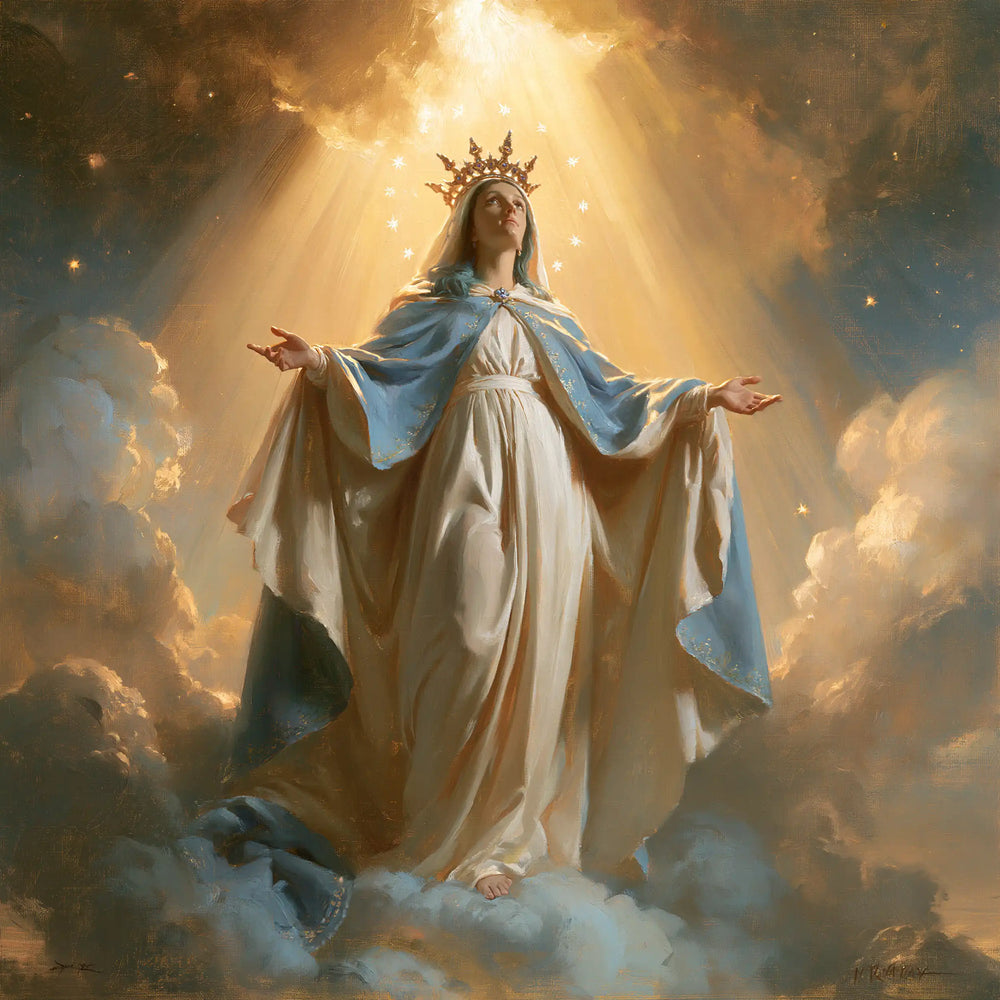 Mary as Queen of Heaven before heavenly light in Mary before Heavenly Light style, square Christian artwork no. 2