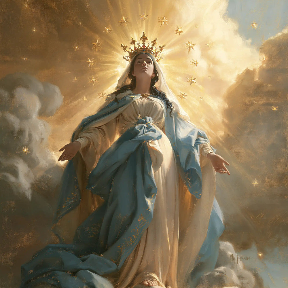 Mary as Queen of Heaven before heavenly light in Mary before Heavenly Light style, square Christian artwork no. 4