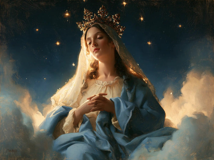 Mary, Queen of Heaven — Crossed Hands in Midnight Blue