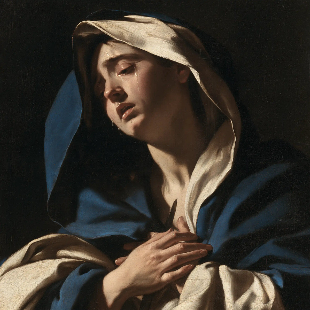 Our Lady of Sorrows in dramatic chiaroscuro in Caravaggio Tenebrism style, square Christian artwork no. 6