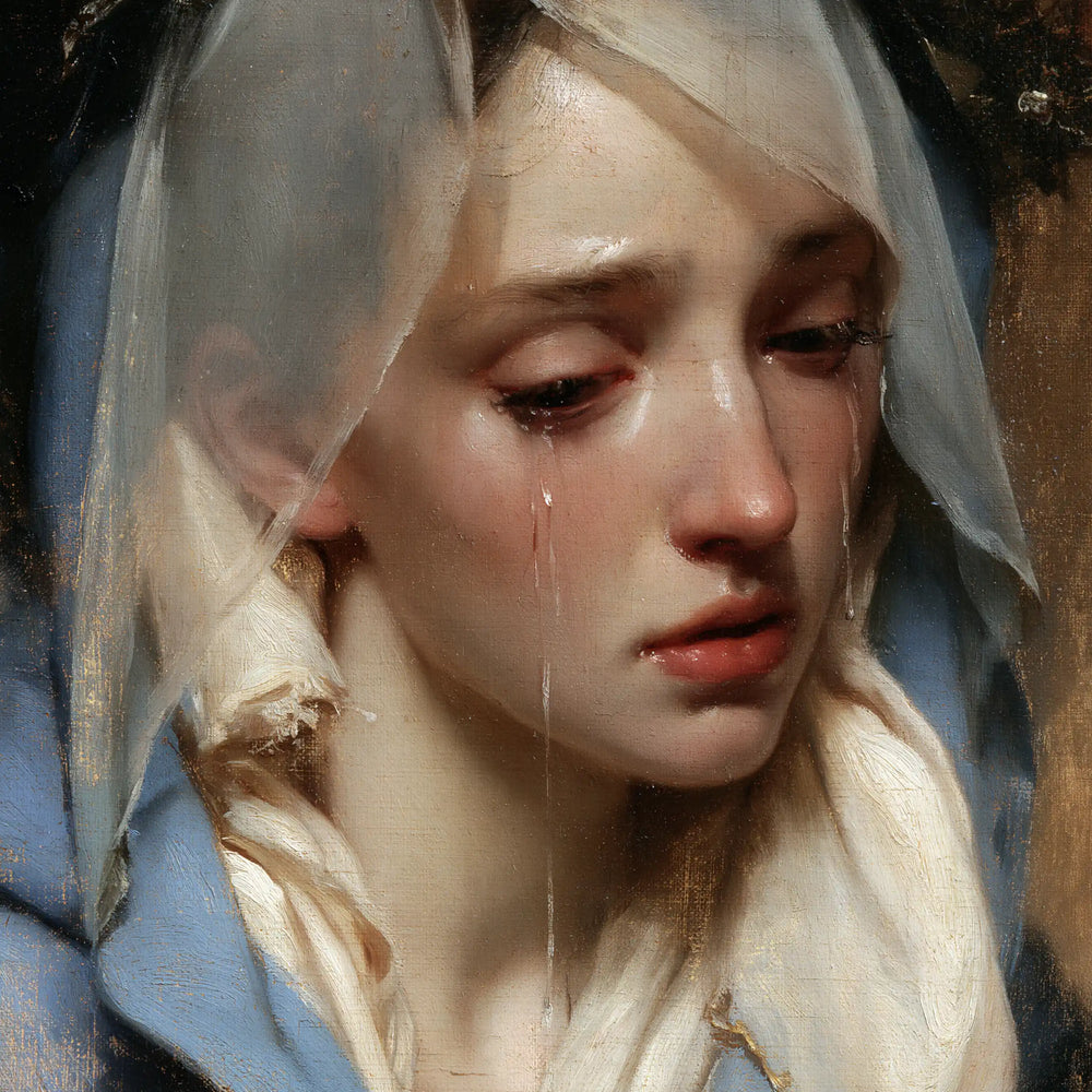 a close portrait of Our Lady of Sorrows in Psychological Close-Up style, square Christian artwork no. 9