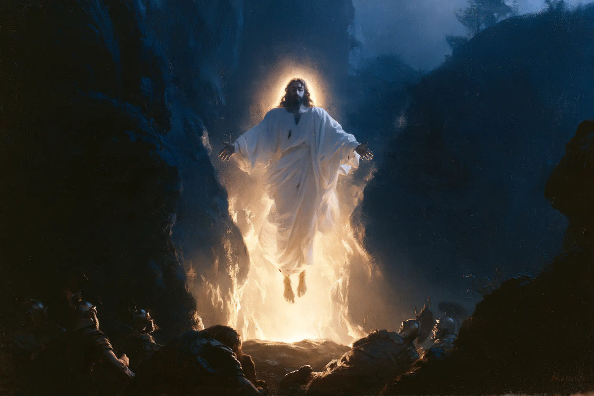 Resurrection of Jesus Christ in Midnight-blue Chiaroscuro style, landscape Christian artwork no. 15
