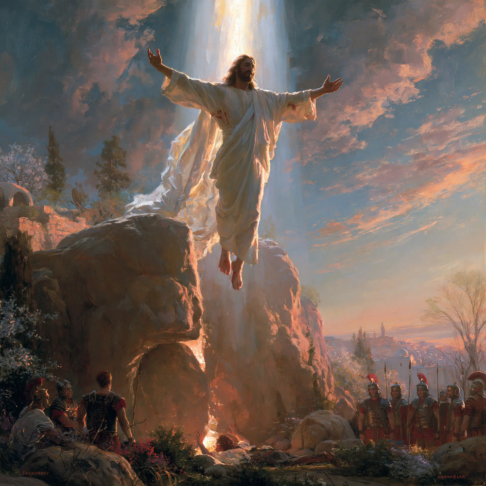 Resurrection of Jesus Christ in Sacred Monumental View style, square Christian artwork no. 2