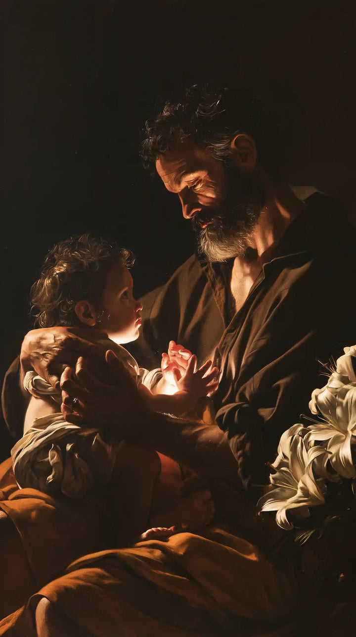 Saint Joseph with the Child Jesus – Caravaggio Tenebrism · Portrait no. 2