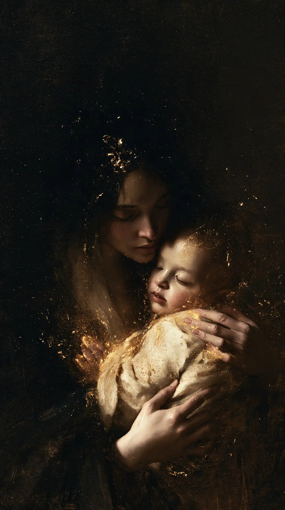 the Virgin Mary holding the Child Jesus in Black and Gold style, portrait Christian artwork no. 20