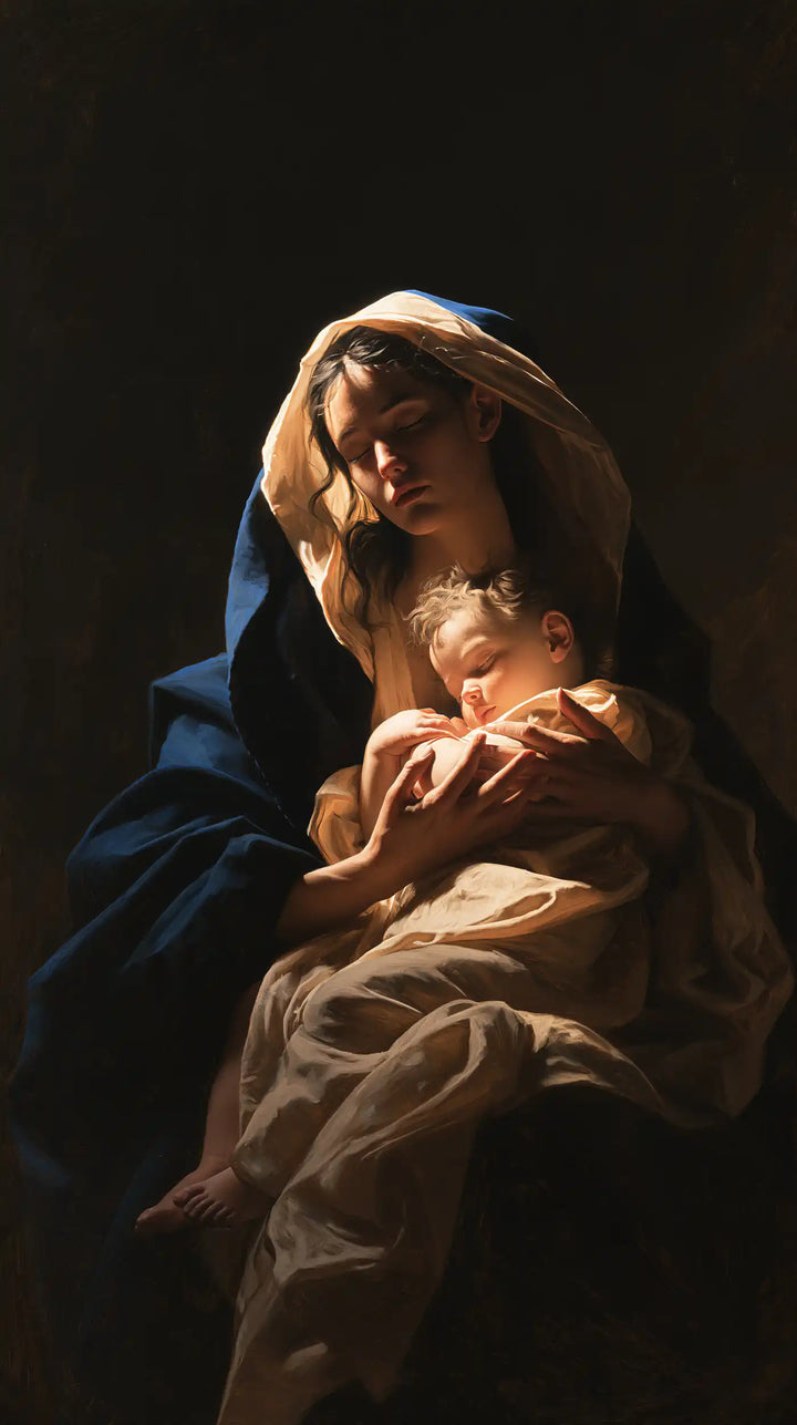 Virgin Mary and Child Jesus - Caravaggio Tenebrism · Portrait n° 9