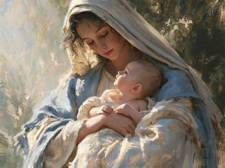 The Virgin and Child — A Newborn Gaze Beneath the Veil