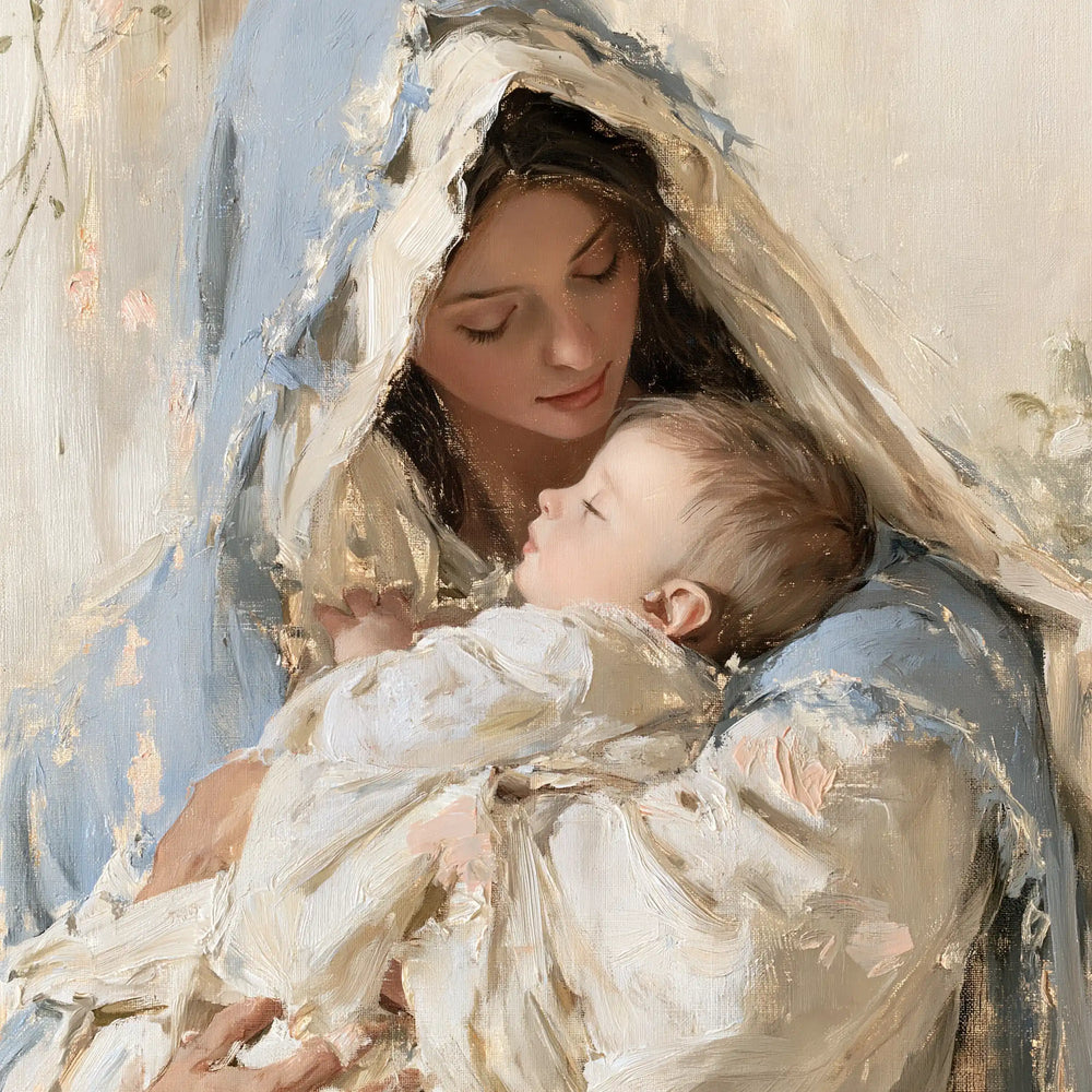 the Virgin Mary and the Child Jesus together in Impressionist style, square Christian artwork no. 11