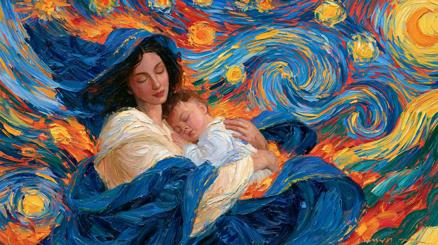 The Virgin and Child — Blue Mantle Beneath a Turning Sky