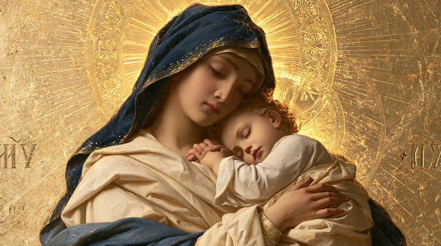The Virgin and Child — Rest Beneath the Engraved Golden Halo