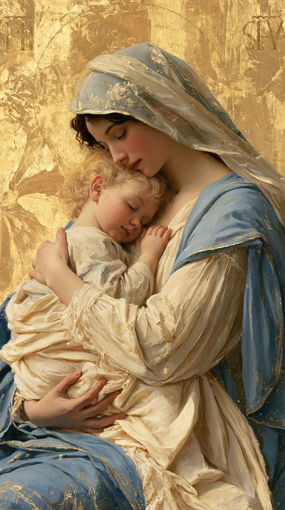 the Virgin Mary with the Child Jesus in Sacred Gold style, portrait Christian artwork no. 13