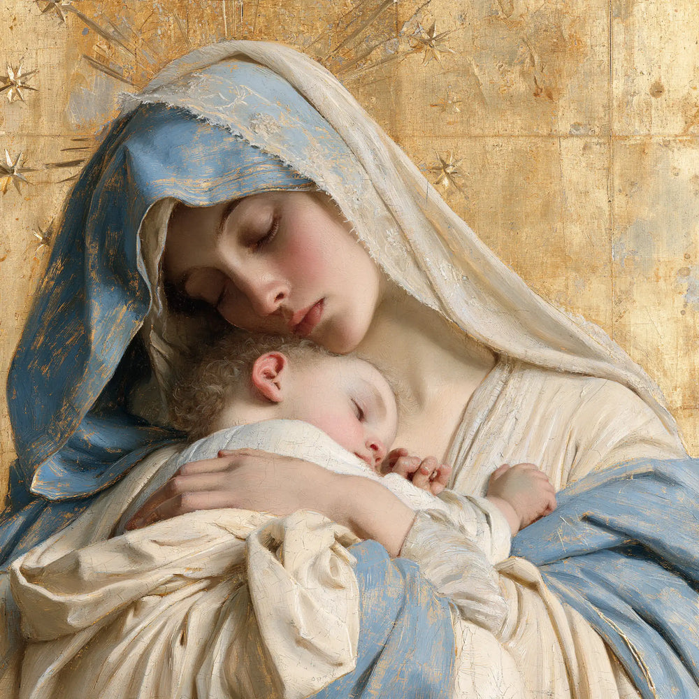 the Virgin Mary with the Child Jesus in Sacred Gold style, square Christian artwork no. 2