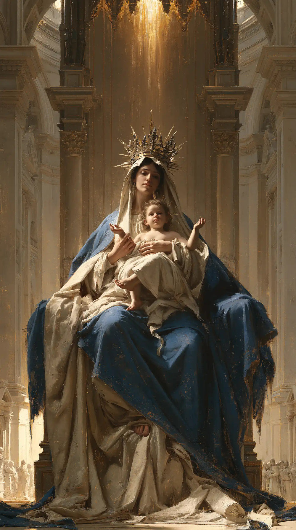 the Virgin Mary and the Child Jesus in a majestic composition in Sacred Monumental View style, portrait Christian artwork no. 17