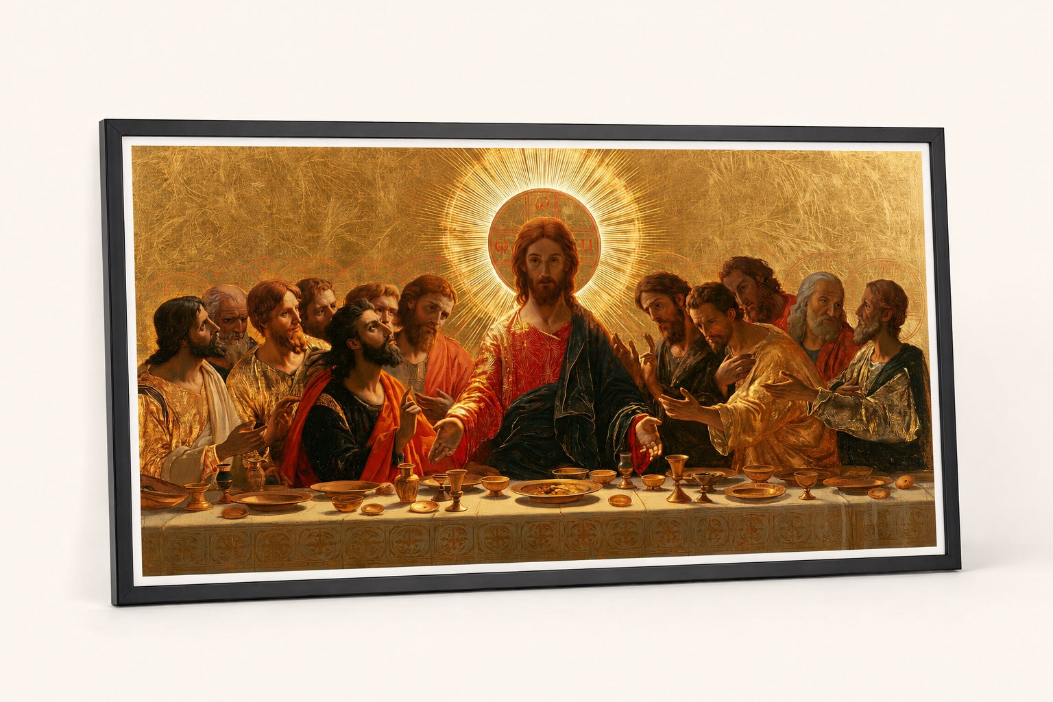 Det samme Last Supper Fine Art-trykket i en slank svart klassisk ramme