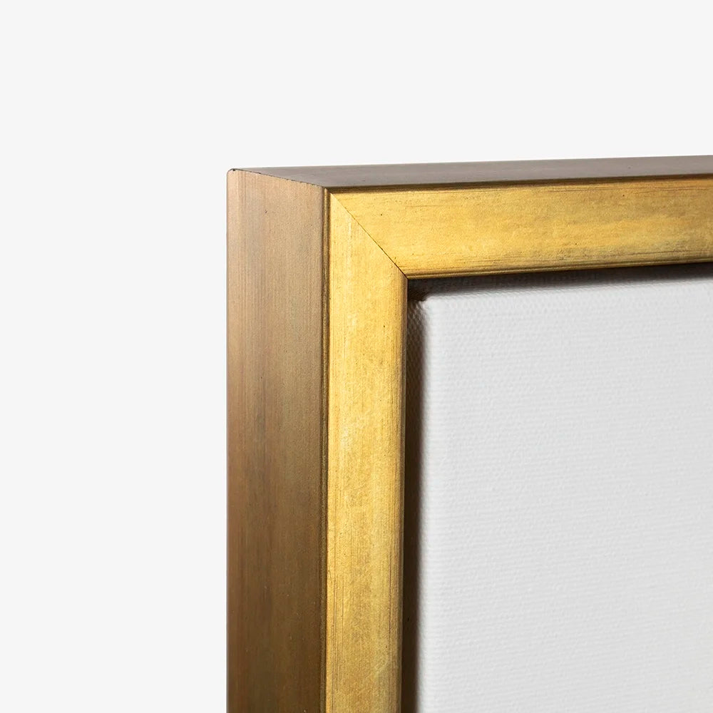 Close-up of the gold floating frame and canvas.